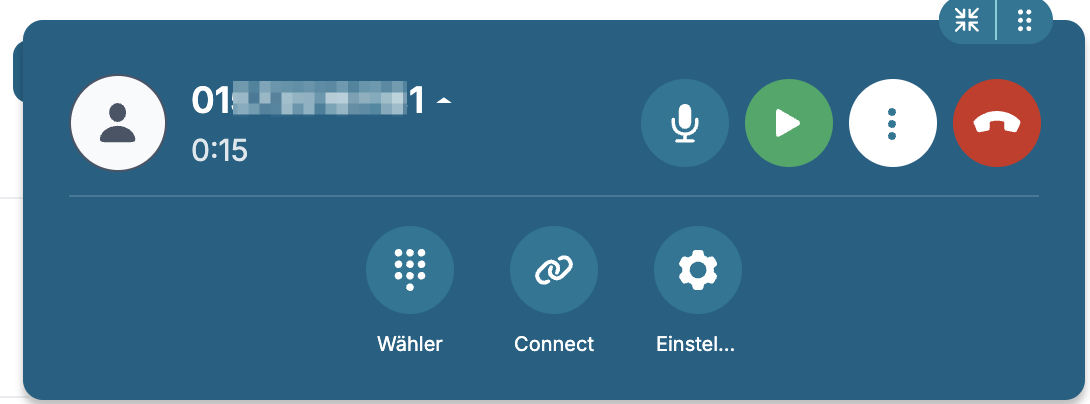 ConnectMe-Anrufansicht mit aktiver Rückholfunktion über grünen Wiedergabe-Button 