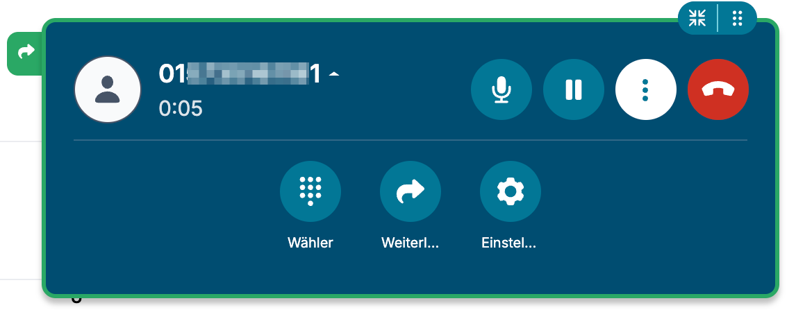 ConnectMe-Anrufansicht mit weiteren Funktionen wie Wähltastenfeld, Weiterleiten und Einstellungen 