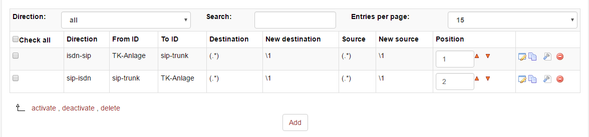 beroNet Wählplan einstellen Dialplan-Oberfläche mit zwei Einträgen zur Verbindung von ISDN-Gruppen und SIP-Trunk in beide Richtungen