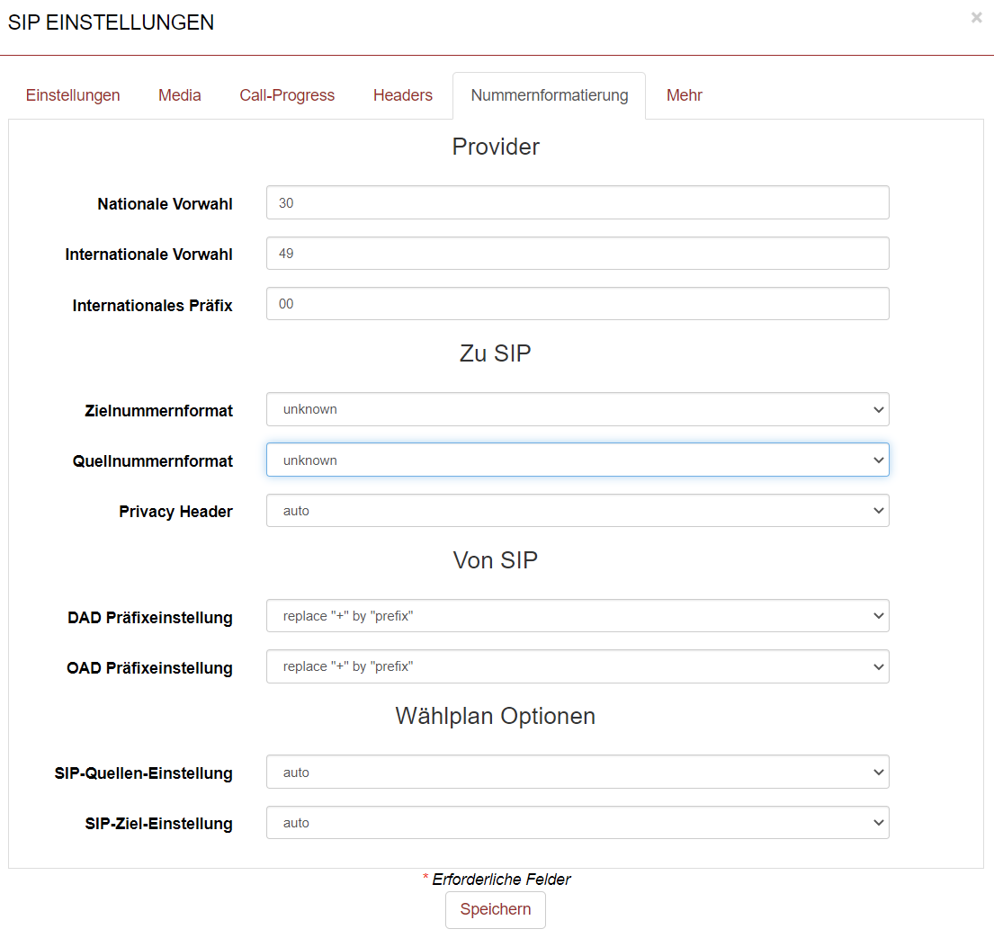 beroNet CLIR einstellen SIP-Einstellungen mit unbekanntem Nummernformat und Präfixoptionen für CLIR und Fax-Kompatibilität