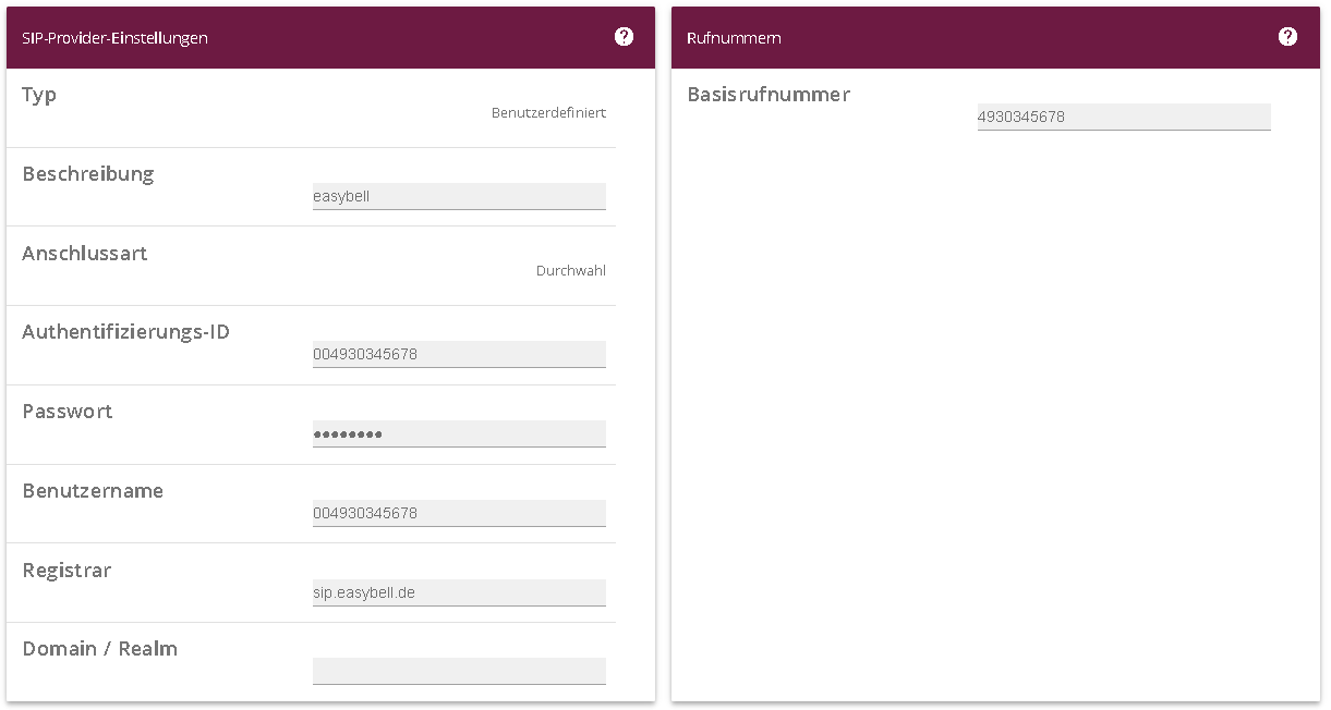 So Richten Sie Einen Easybell S I P Trunk In Einer Bintec Elmeg Telefonanlage Ein M G W Modus Provider Einstellungen Und Rufnummern 5 SIP-Kontoeinstellungen mit Easybell-Daten, Benutzername, Registrar und Basisrufnummer