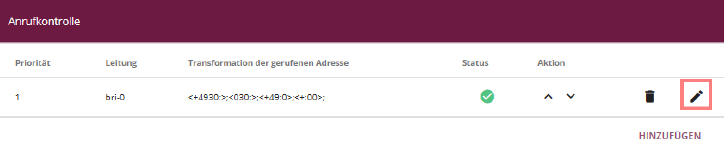 Anrufkontrolle mit aktiver Transformation der gerufenen Adresse für easybell im internationalen Format