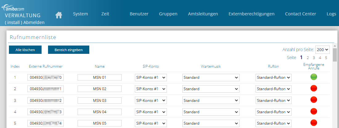 screenshot amibacom - Rufnummernliste für SIP KOnten