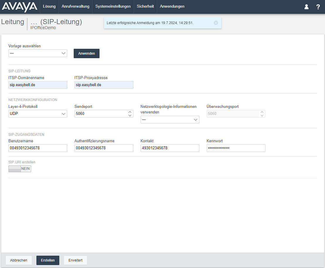 SIP-Einstellungen und -Zugangsdaten Screenshot der SIP-Einstellungen und -Zugangsdaten