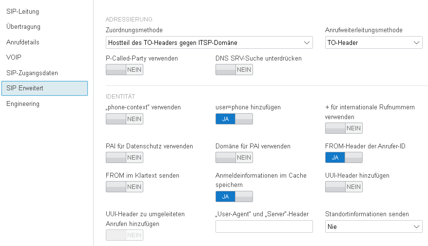 Menü „SIP erweitert“ Screenshot vom Menü „SIP erweitert“