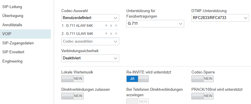 Menü „VoIP“ Screenshot vom Menü „VoIP“