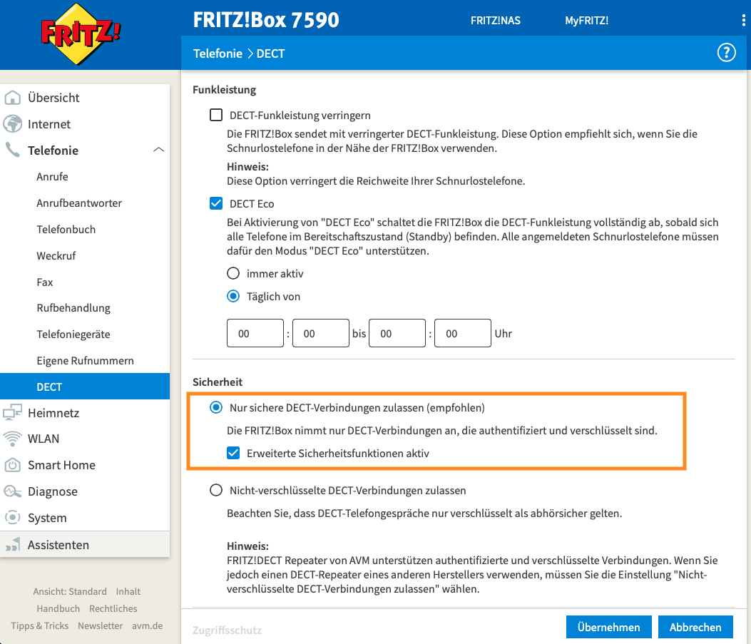 FRITZ!Box DECT verschlüsselt Screenshot FRITZ!Box Einstellungen DECT-Verbindungen verschlüsseln