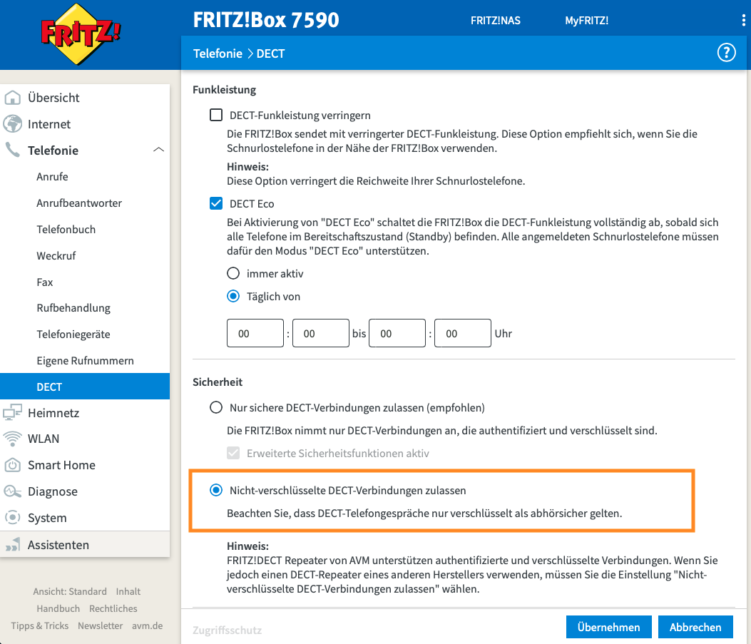 FRITZ!Box DECT unverschlüsselt Screenshot FRITZ!Box Einstellungen DECT-Verbindungen nicht verschlüsseln