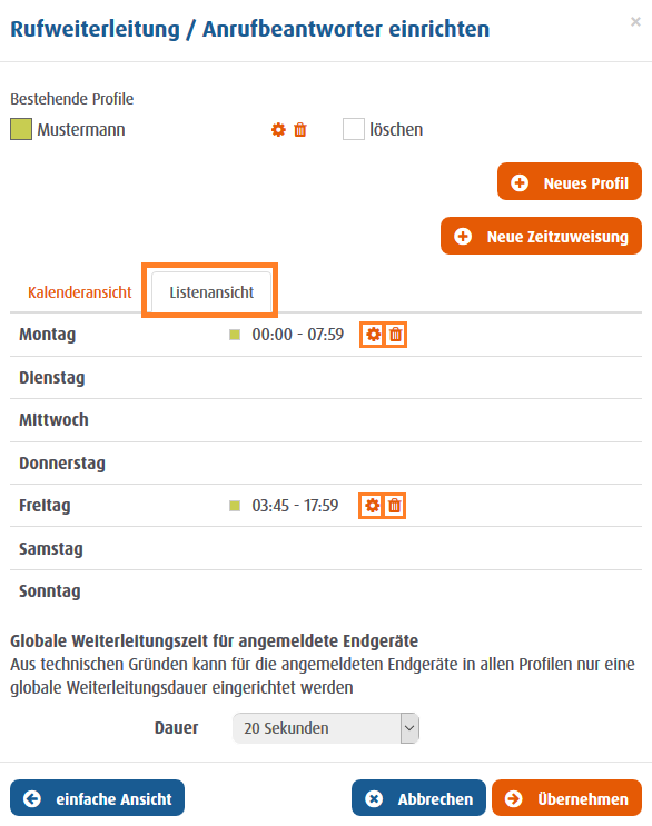 Easybell Listenansicht zur zeitgesteuerten Rufweiterleitung mit aktiven Zeitfenstern für Montag und Freitag im Profil