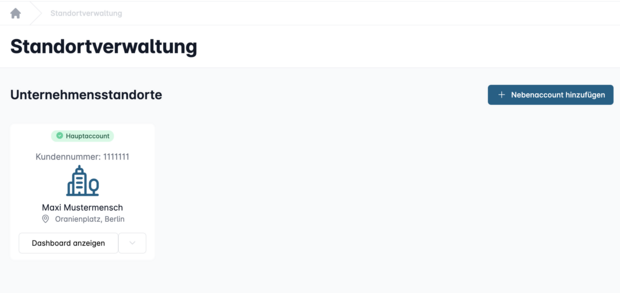 Account-Verwaltung mit einem Hauptstandort und Option zur Nebenaccount-Erstellung