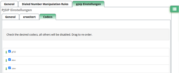 Die Codecs der pjsip-Einstellungen Screenshot des Menüs für Codecs in den pjsip-Einstellungen