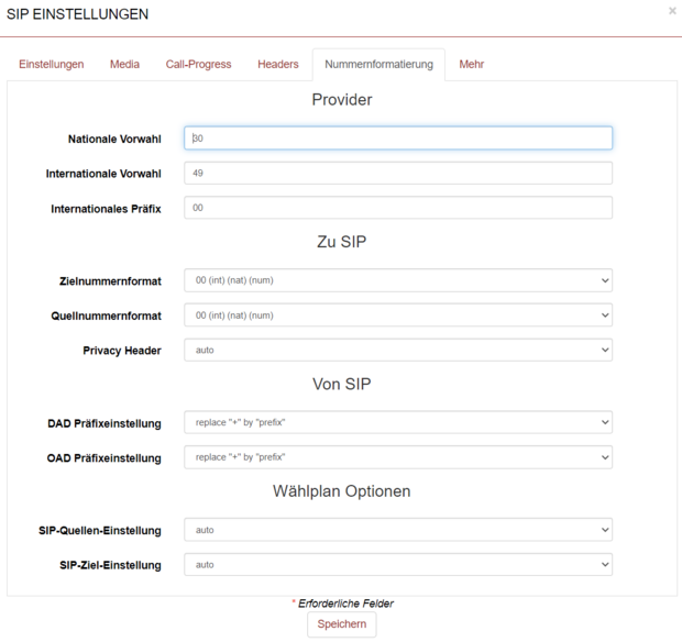 beroNet Nummernformat einstellen SIP-Einstellungen zur Nummernformatierung mit Vorwahlen, Präfixoptionen und Formatregeln für ein- und ausgehende Anrufe