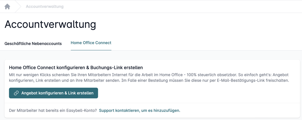 Easybell-Accountverwaltung mit Option zur Erstellung eines Home Office Connect-Buchungslinks
