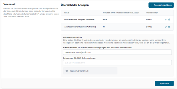 Voicemail-Einstellungen im Easybell-Kundenportal mit Übersicht der Ansagen und Feldern für E-Mail- und SMS-Benachrichtigungen