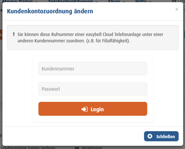 Loginmaske zur Zuordnung eines Trunks zu einer anderen Cloud Telefonanlage im Easybell Kundenportal