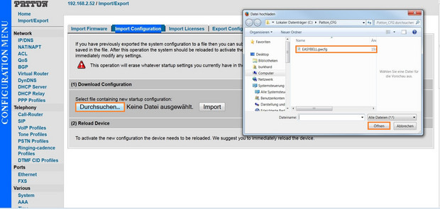 Patton Screenshot 3 Dateiauswahlfenster mit geöffneter Datei „EASYBELL.gwcfg“ zur Konfigurationsübernahme