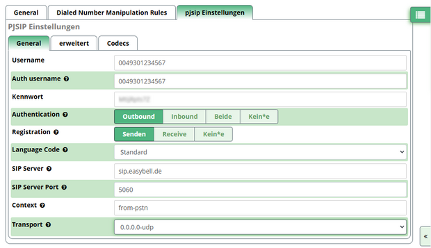 pjsip-Einstellungen des Trunks Screenshot der allgemeinen pjsip-Einstellungen