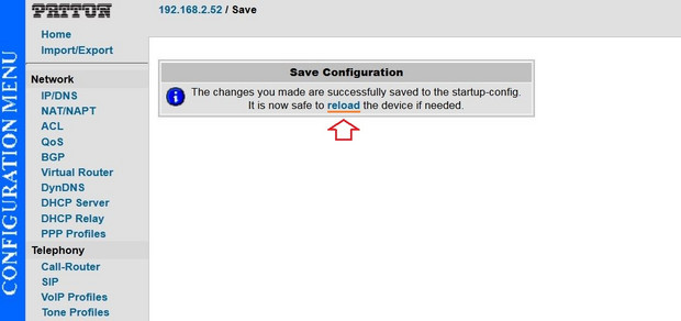 Patton Screenshot 11 Hinweisfenster mit Bestätigung zum erfolgreichen Speichern der Konfiguration und Option zum Gerätestart