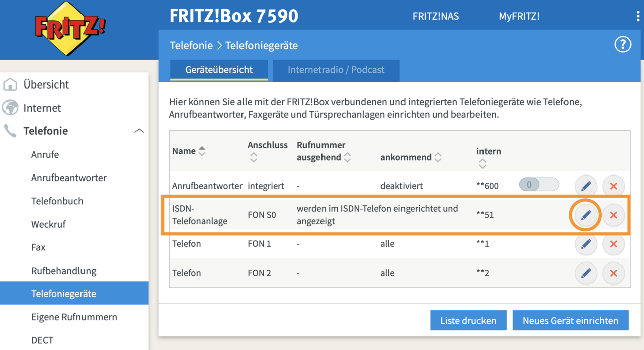 FRITZ!Box Telefoniegeräte bearbeiten Screenshot Gerät bearbeiten