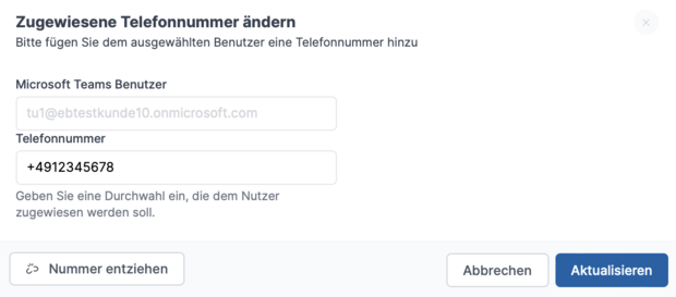Rufnummer zuweisen Formular zur Rufnummernzuweisung für Microsoft Teams Benutzer im Rahmen der Easybell Teams-Integration