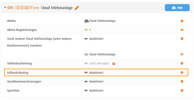 Einstellungsübersicht der Easybell Cloud Telefonanlage mit deaktiviertem Fallback-Routing und einer aktiven Registrierung