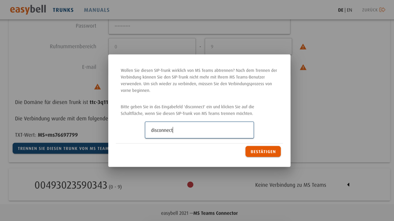 Bestätigungsfenster zur Trennung eines SIP Trunks vom Easybell Teams Connector mit Eingabefeld und Button