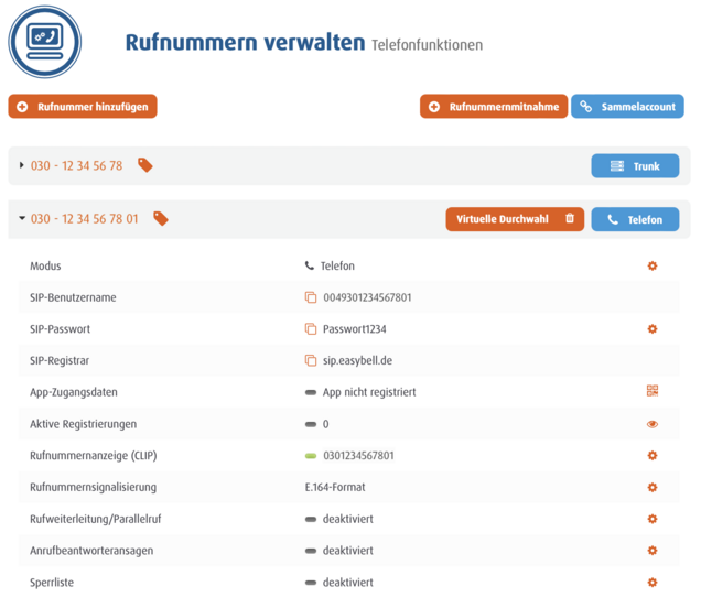 Benutzeroberfläche zur Verwaltung von Easybell Rufnummern mit SIP-Daten und deaktivierten Zusatzfunktionen