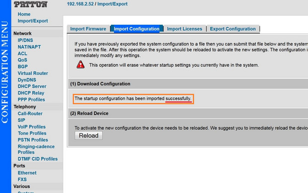 Patton Screenshot 4 Importbestätigung mit Hinweis auf erfolgreiche Konfigurationsübernahme und Schaltfläche zum Neustart
