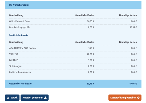 Schritt 5, Bestellung überprüfen Bestellübersicht für Easybell Office Komplett Trunk mit Tarifdetails, Zusatzpaketen und monatlichen sowie einmaligen Kosten