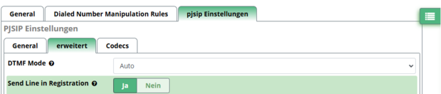 Erweiterte pjsip-Einstellungen des Trunks Screenshot der erweiterten pjsip-Einstellungen