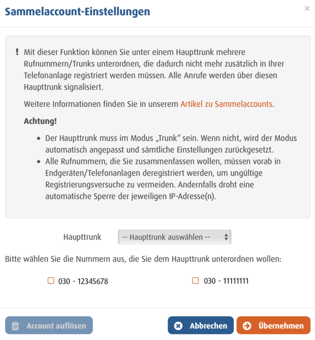 Sammelaccount-Einstellungen im Easybell Kundenportal mit Auswahl von Haupttrunk und untergeordneten Rufnummern