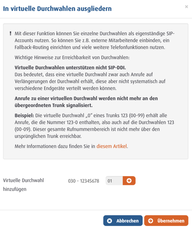 Funktion im Easybell Kundenportal zur Ausgliederung von Rufnummern in virtuelle Durchwahlen mit Nutzungshinweisen