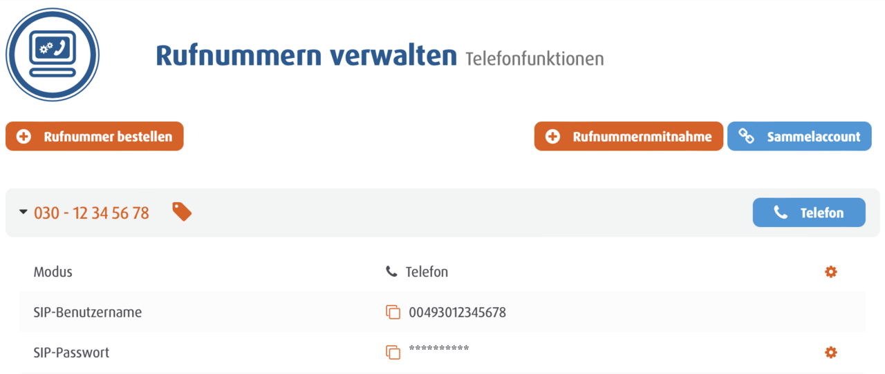 Easybell Kundenportal: Verwaltung von Rufnummern mit Anzeige des SIP-Benutzernamens und geschütztem SIP-Passwort