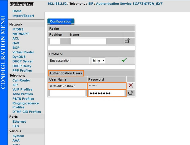 Patton Screenshot 8 Authentifizierungsübersicht mit markiertem SIP-Benutzer zur Bearbeitung oder Löschung
