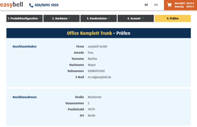 Schritt 5, Account überprüfen In Schritt 5 überprüfen Sie Ihre Kontakt- und Anschlussdaten