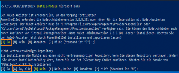 PowerShell-Meldung zur Installation von MicrosoftTeams mit NuGet- und Repository-Warnungen