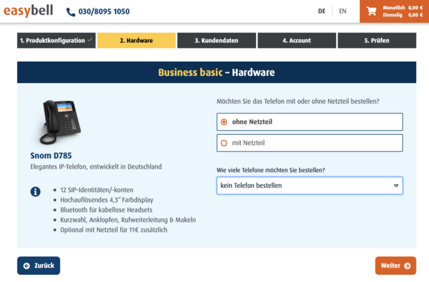 Schritt 2: Hardware auswählen Hardware-Auswahl im Easybell-Bestellprozess mit Snom D785 IP-Telefon und Optionen für Netzteil und Stückzahl