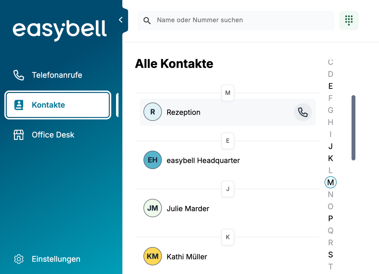 Kontaktliste in ConnectMe mit Auswahlmöglichkeit für Anrufe über gespeicherte Kontakte 