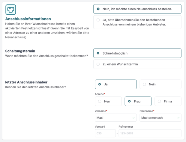 Formular zur Eingabe von Anschlussinformationen bei Easybell Home Office Connect mit Optionen für Neuanschluss, Schaltungstermin und Kundendaten