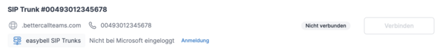 Anmeldung für easybell SIP Trunk im Teams Connector mit Verbindungsstatus und Login-Option bei Microsoft