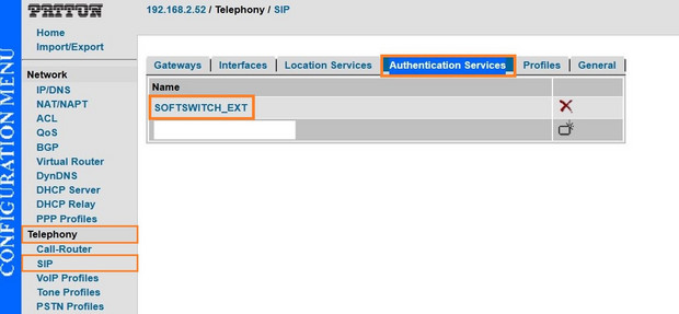 Patton Screenshot 7 SIP-Menü mit markiertem Eintrag „SOFTSWITCH_EXT“ unter Authentication Services zur Passwortkonfiguration