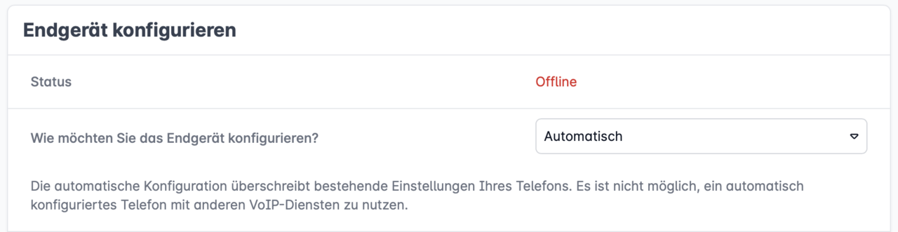 Oberfläche zur automatischen Endgeräte-Konfiguration in der Easybell Cloud Telefonanlage mit Nutzungshinweis