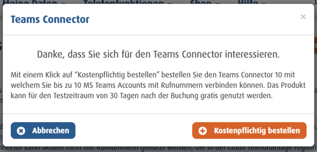 Teams Connector Hinweise Bestätigungsfenster zur Bestellung des Easybell Teams Connectors mit 30-Tage-Testzeitraum-Hinweis und Bestellbutton