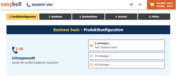Schritt 1: Grundlegende Konfiguration Auswahl der Leitungsanzahl im Easybell-Bestellprozess für Business basic mit Optionen für 2, 10 oder 30 Leitungen