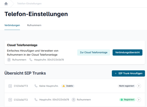 Easybell-Telefoneinstellungen mit aktiver Registerkarte ‚Verbindungen‘, Übersicht zur Cloud Telefonanlage und zwei SIP Trunks mit Statusangaben