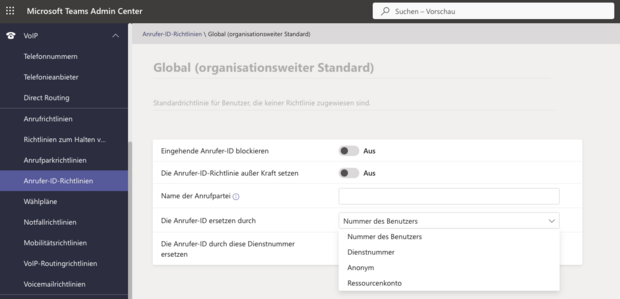 CLIP in MS Teams Teams Admin Center mit Einstellungen zur Anrufer-ID-Richtlinie, inklusive Ersetzung durch Dienstnummer oder anonym