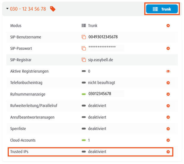 Rufnummer Detailansicht Hier ist der passende Alt-Text für das Bild mit Fokus auf die markierte Einstellung „Trusted IPs