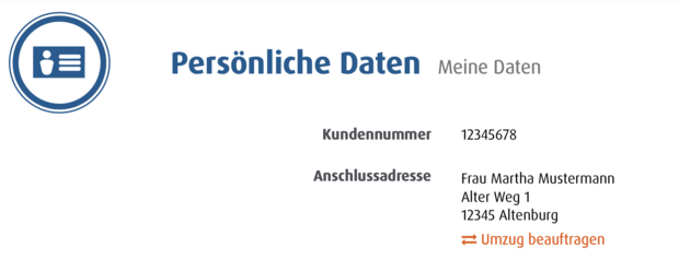 Umzug beauftragen Persönliche Daten im Easybell-Kundenbereich mit Kundennummer, Anschlussadresse und Option zum Umzugsauftrag