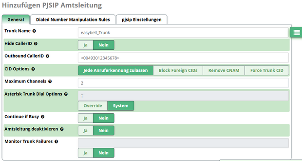 Allgemeine Einstellungen für Trunks Screenshot der allgemeinen Einstellungen