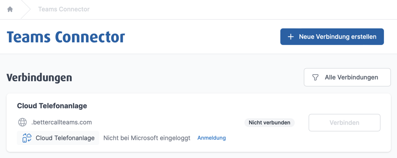 Teams Connector: Option zum Erstellen einer neuen Verbindung zur Cloud Telefonanlage